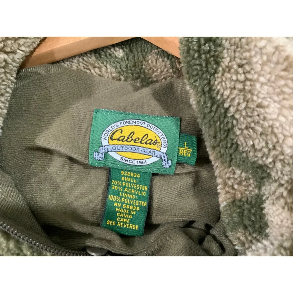 Cabelas Mens Camo Sherpa Fleece Full Zip Jacket M37JK264R Green Tan L Regular